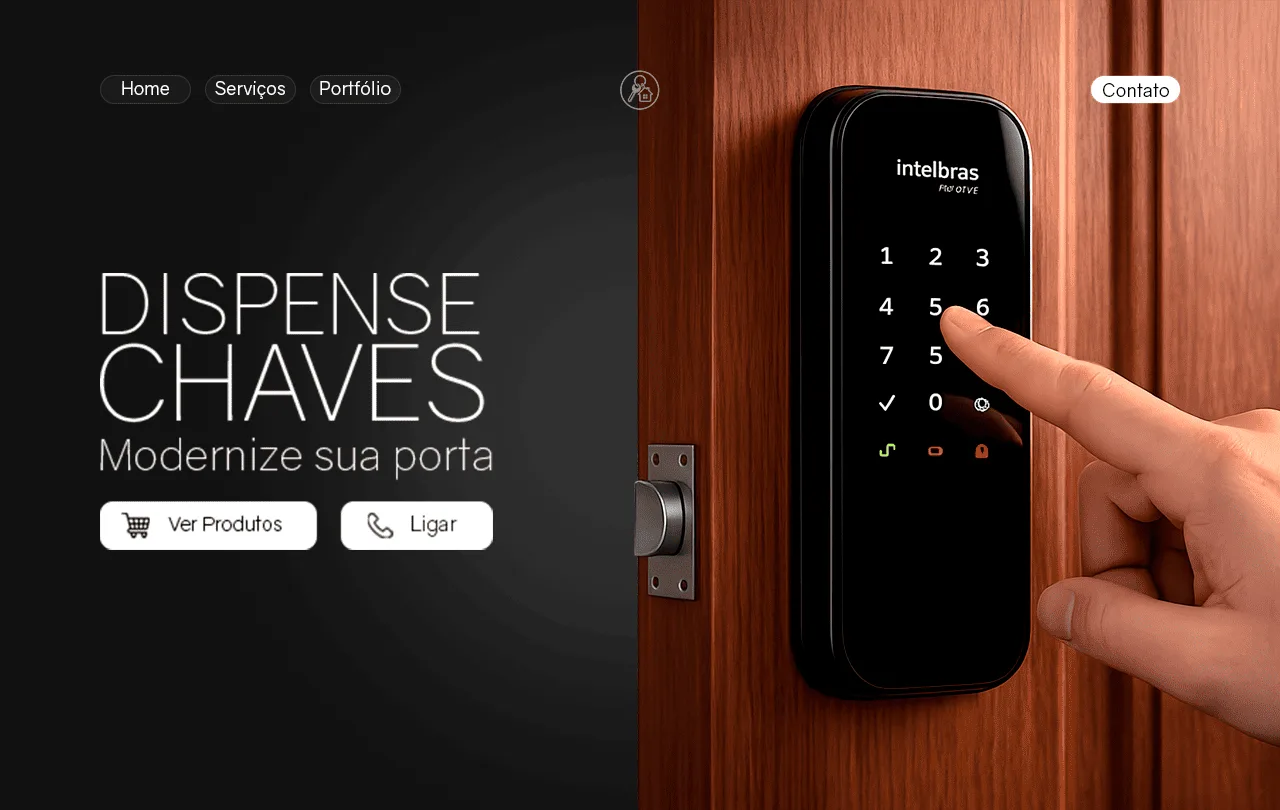 Hero de landing page para fechaduras digitais, com dedo digitando no teclado numérico de uma fechadura preta em porta de madeira
