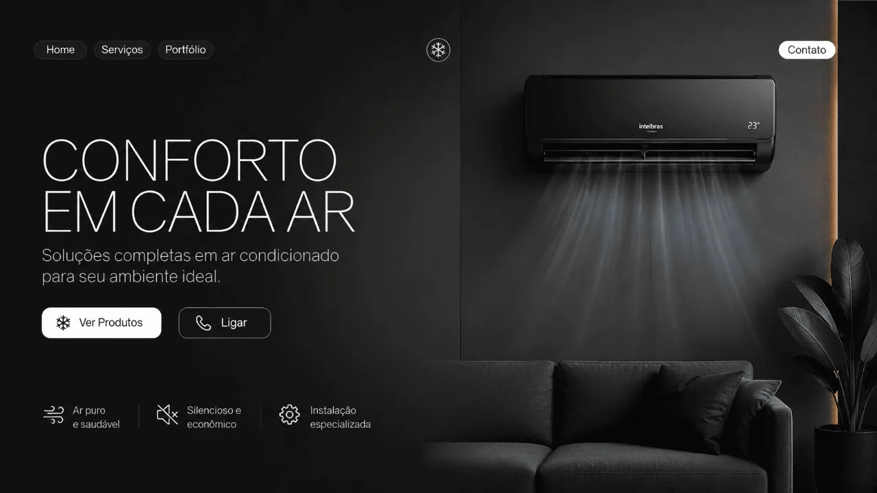Hero escuro de landing page de climatização, com ar-condicionado preto soprando ar sobre um sofá em sala minimalista