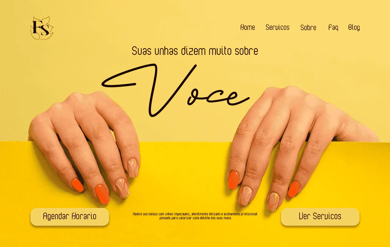 Hero de landing page para nail designer em tons de amarelo, com mãos de unhas laranja e o título Suas unhas dizem muito sobre você
