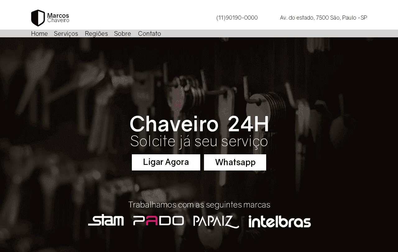 Hero de landing page para chaveiro 24 horas, com fundo escuro de chaves penduradas, botões de ligação e WhatsApp e logos de marcas de fechaduras