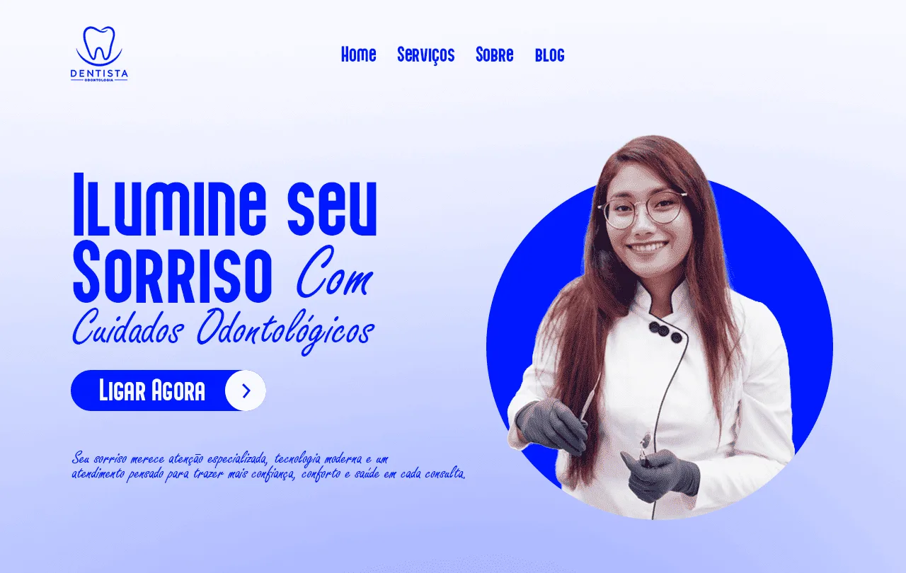 Hero de landing page para clínica odontológica, com dentista sorridente de jaleco branco e título azul Ilumine seu Sorriso