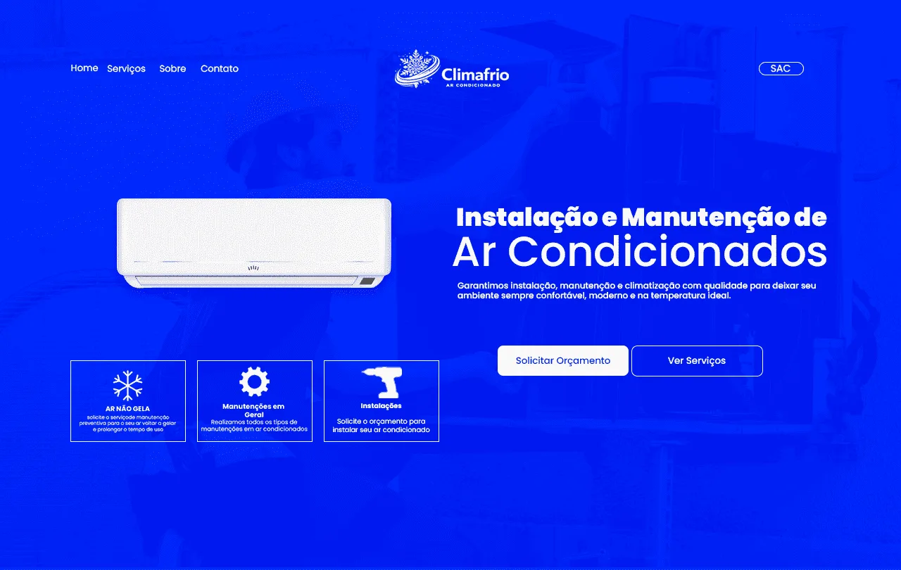 Hero de landing page em azul para instalação e manutenção de ar-condicionado, com aparelho split e cards de serviços