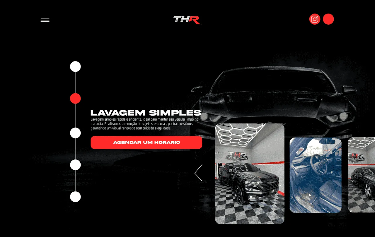 Hero escuro de landing page para estética automotiva, com carro esportivo preto, fotos do serviço e botão vermelho de agendamento