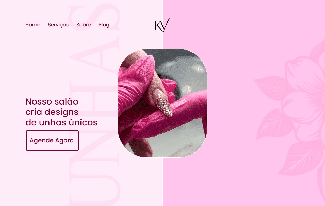 Hero de landing page em tons de rosa para salão de nail design, com foto de manicure aplicando unha decorada e botão Agende Agora