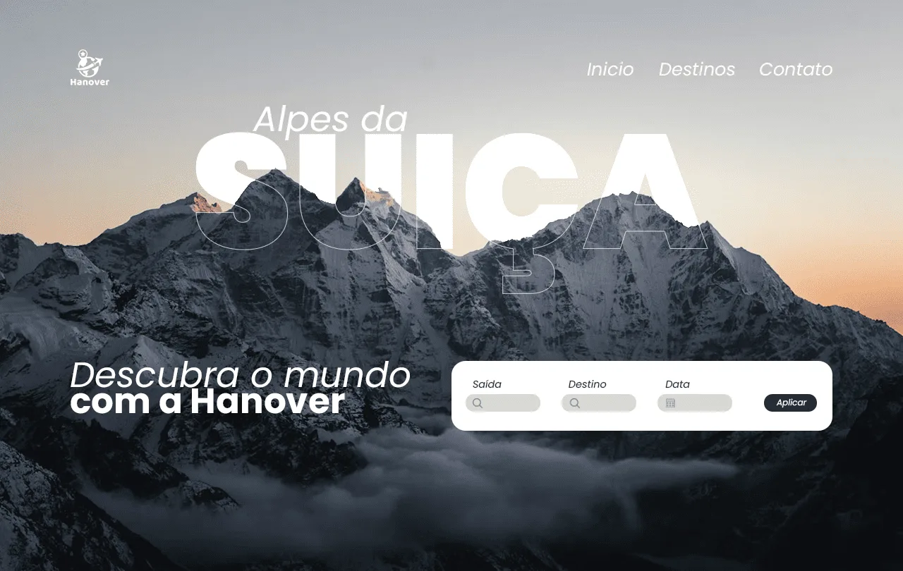 Hero de landing page de agência de viagens, com montanhas nevadas dos Alpes suíços e busca de destinos
