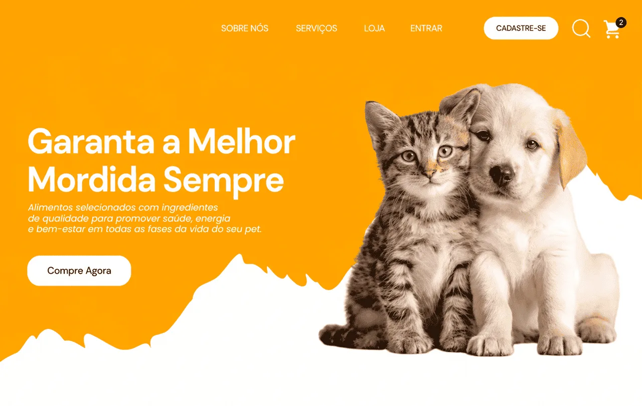 Hero de landing page laranja para alimentos de pets, com filhotes de gato e cachorro juntos e botão Compre Agora