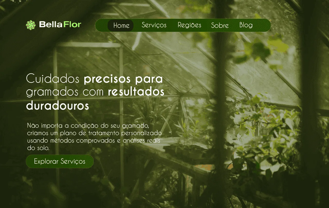 Hero de landing page em tons de verde para cuidados com gramados, com estufa de plantas ao fundo